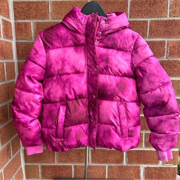 Gap Kids Girls Pink Tie-Dye Puffer Jacket Hooded Winter Coat Size L - Picture 1 of 4